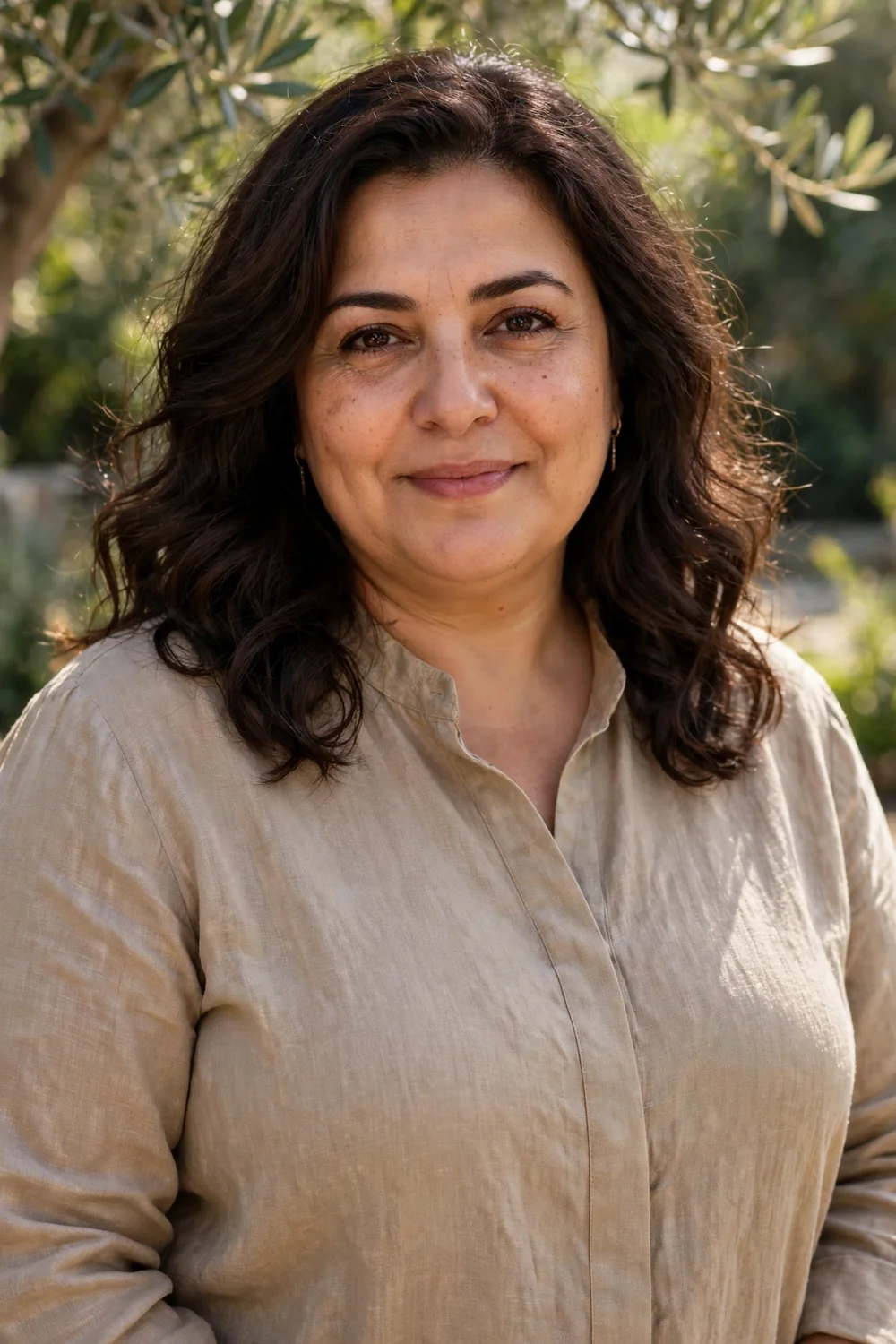 Plus-size Middle Eastern woman in her mid 40s with soft shoulder-length waves