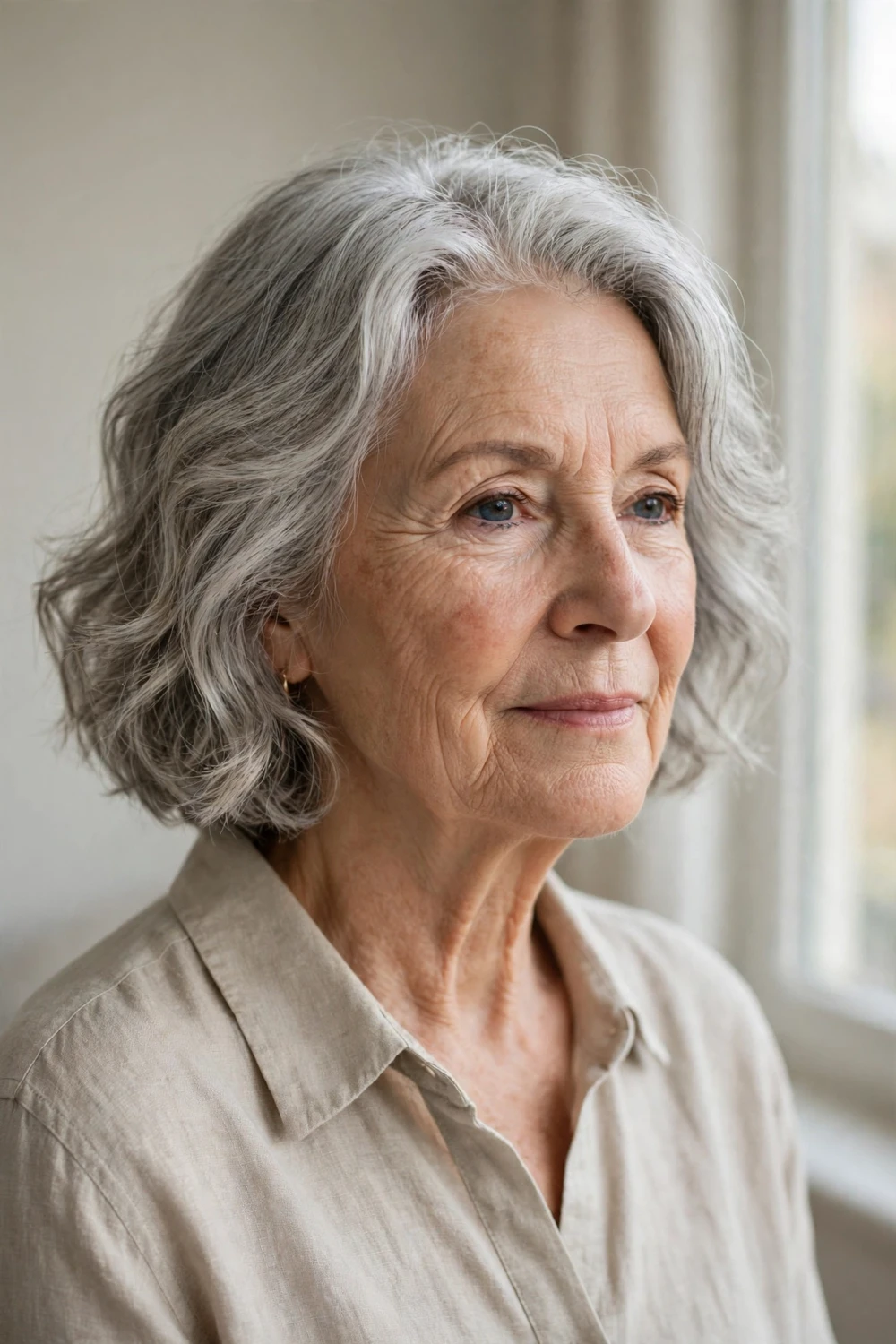 Soft wavy grey bob hairstyle for women over 50