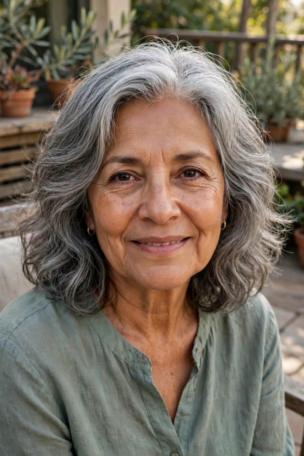 Hispanic woman in her late 60s with a soft wavy gray lob with gentle layers on a patio