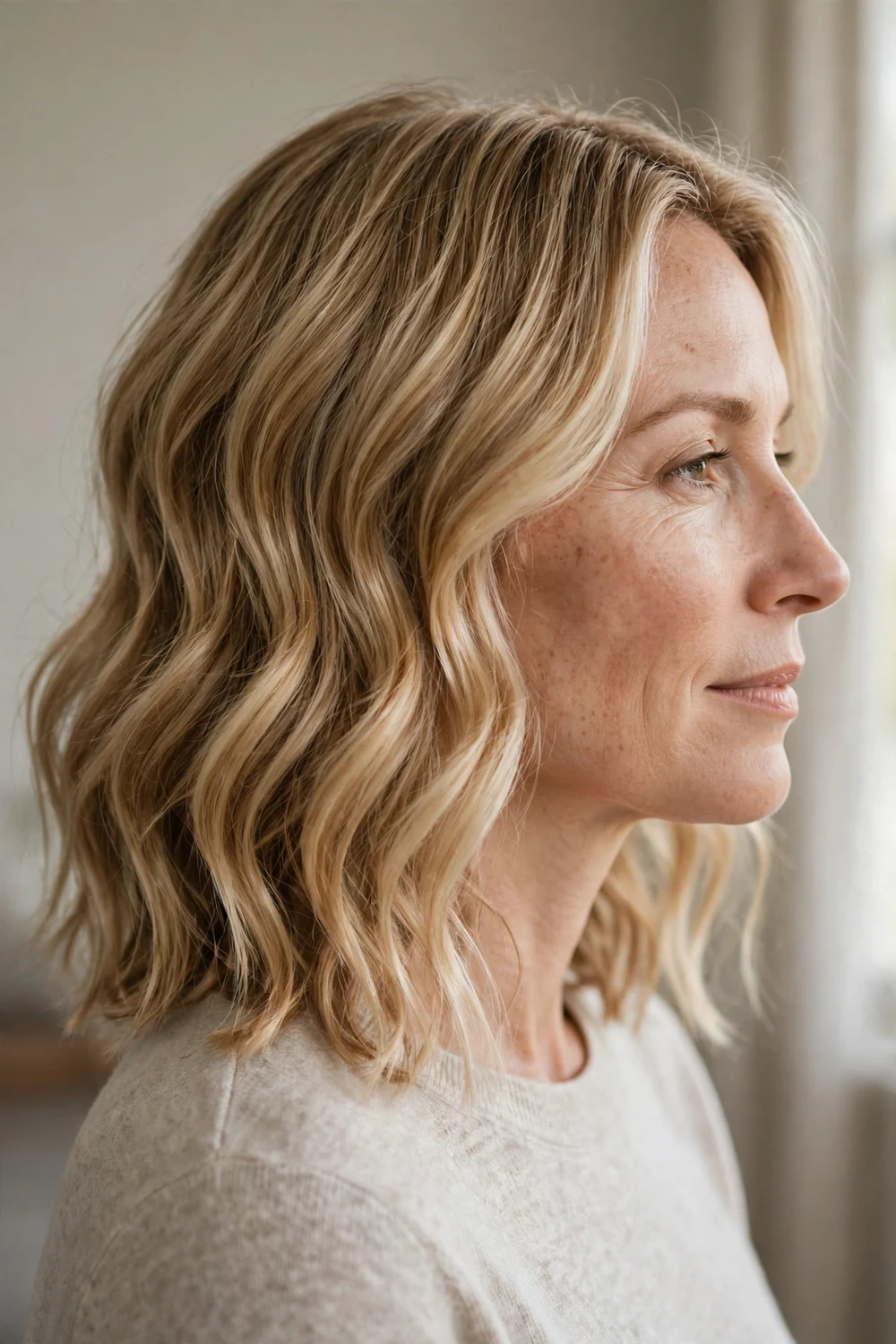 Woman with a soft wavy lob haircut grazing the shoulders