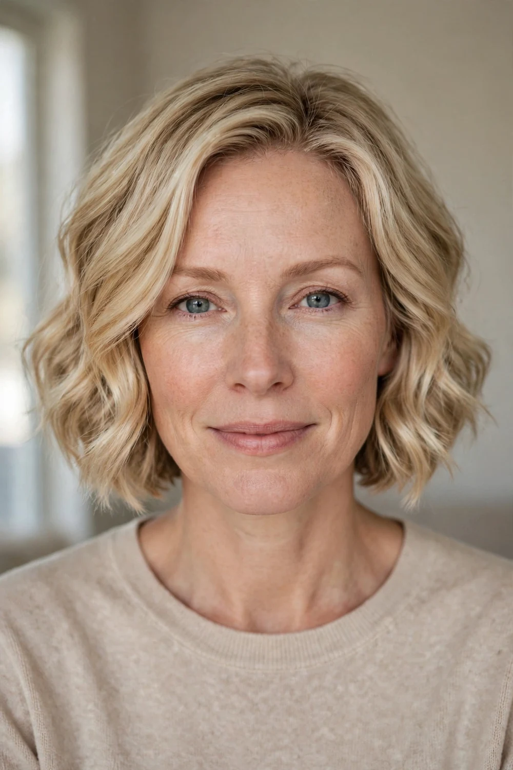 Soft wavy stacked bob with loose brushed-out waves