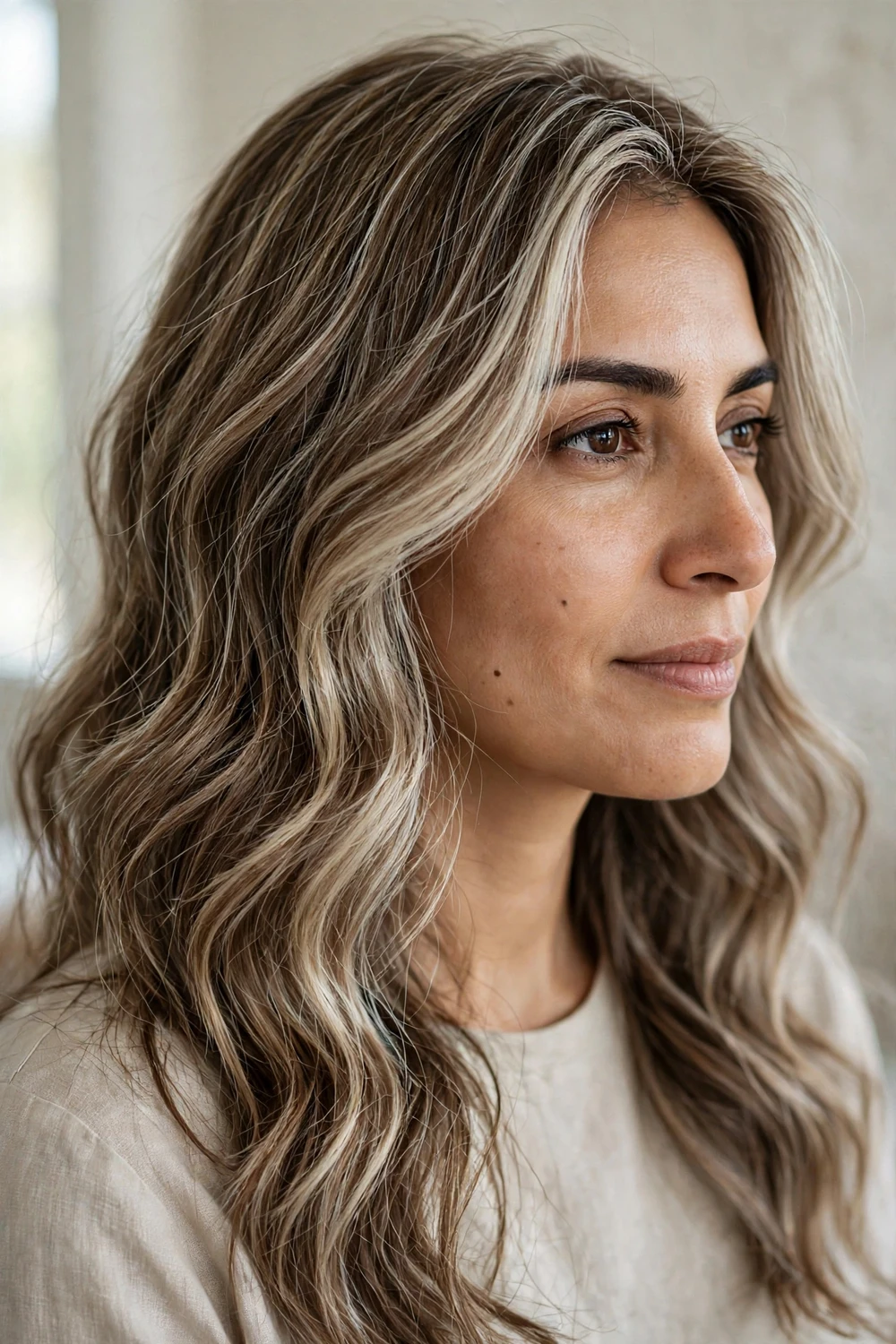 Woman with icy sombre babylights in long wavy brown hair with fine cool highlights