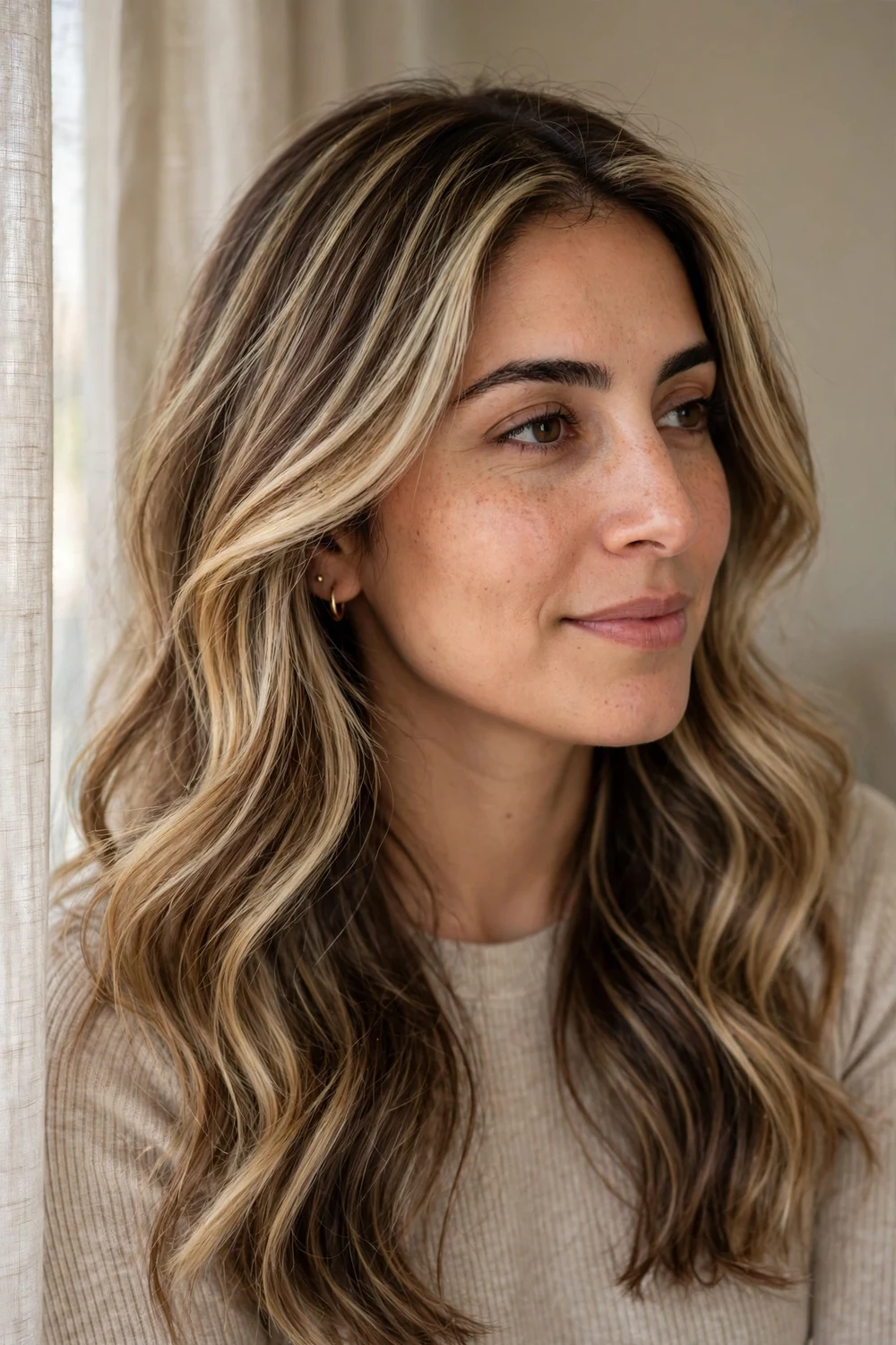 Sombre babylights with soft light blonde highlights on a medium brown base