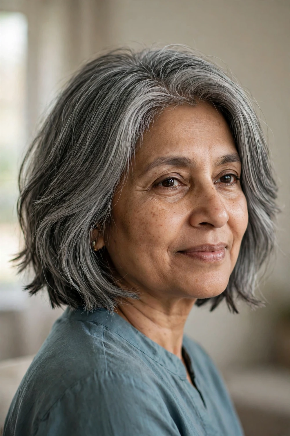 Sophisticated layered grey bob haircut for women over 50