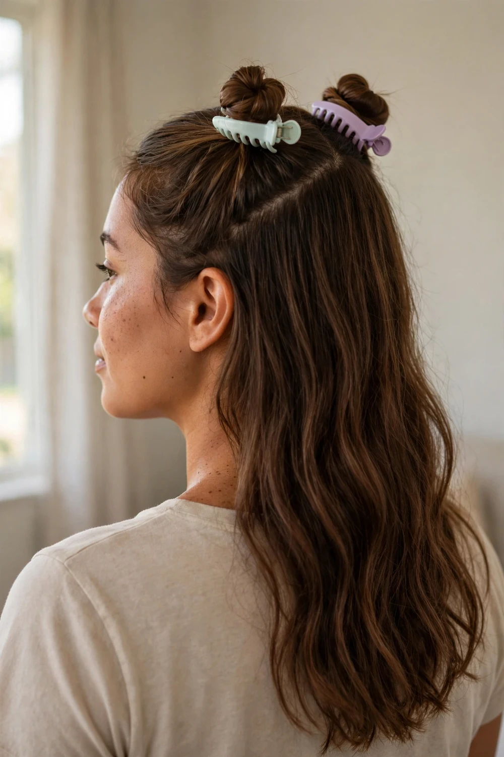 Woman with brown medium-length hair in two small space buns on top each secured with a small pastel claw clip