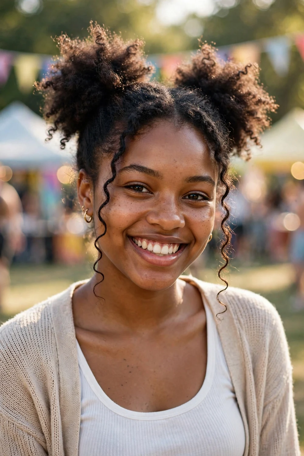 Woman with two high space buns, playful summer hairstyle
