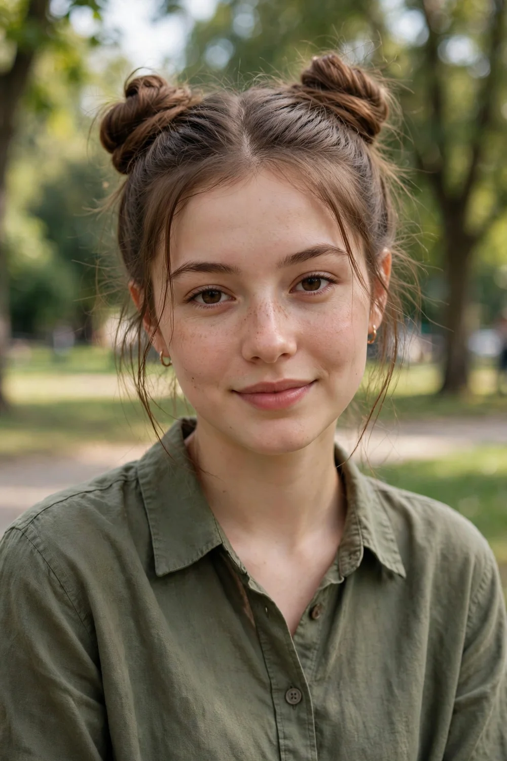 Young woman with cute space buns hairstyle on thin hair