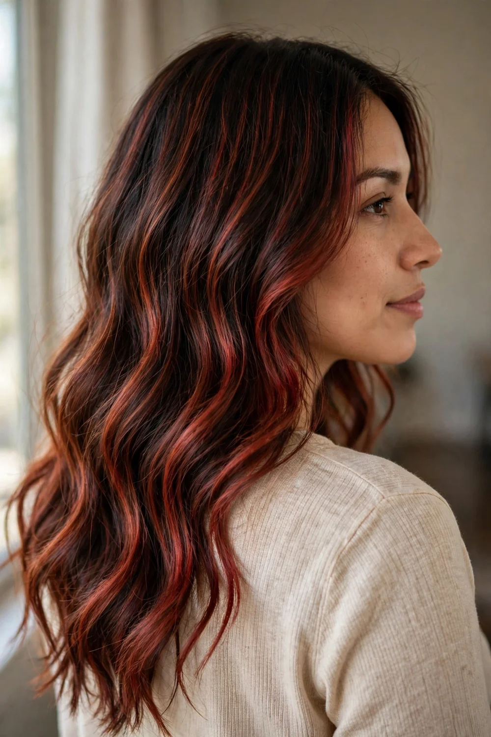 Woman with dark brown wavy hair and warm spiced red balayage