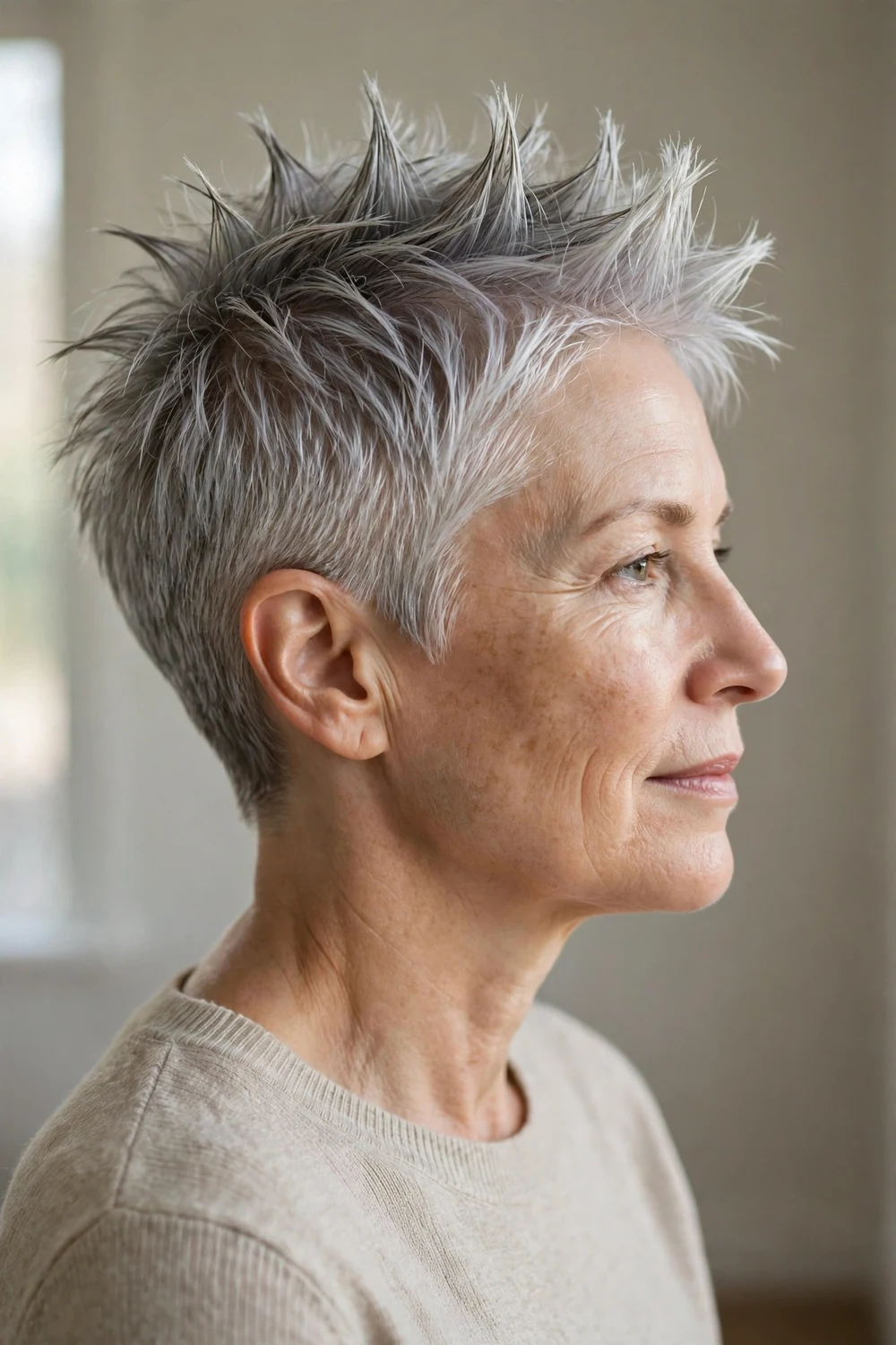 Side view of a spiky androgynous pixie on a woman over 50 with thin silver hair