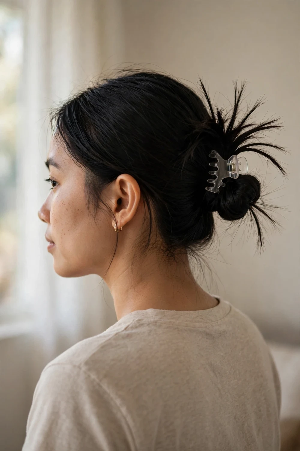 Small spiky bun with clear mini claw clip on thin fine black hair