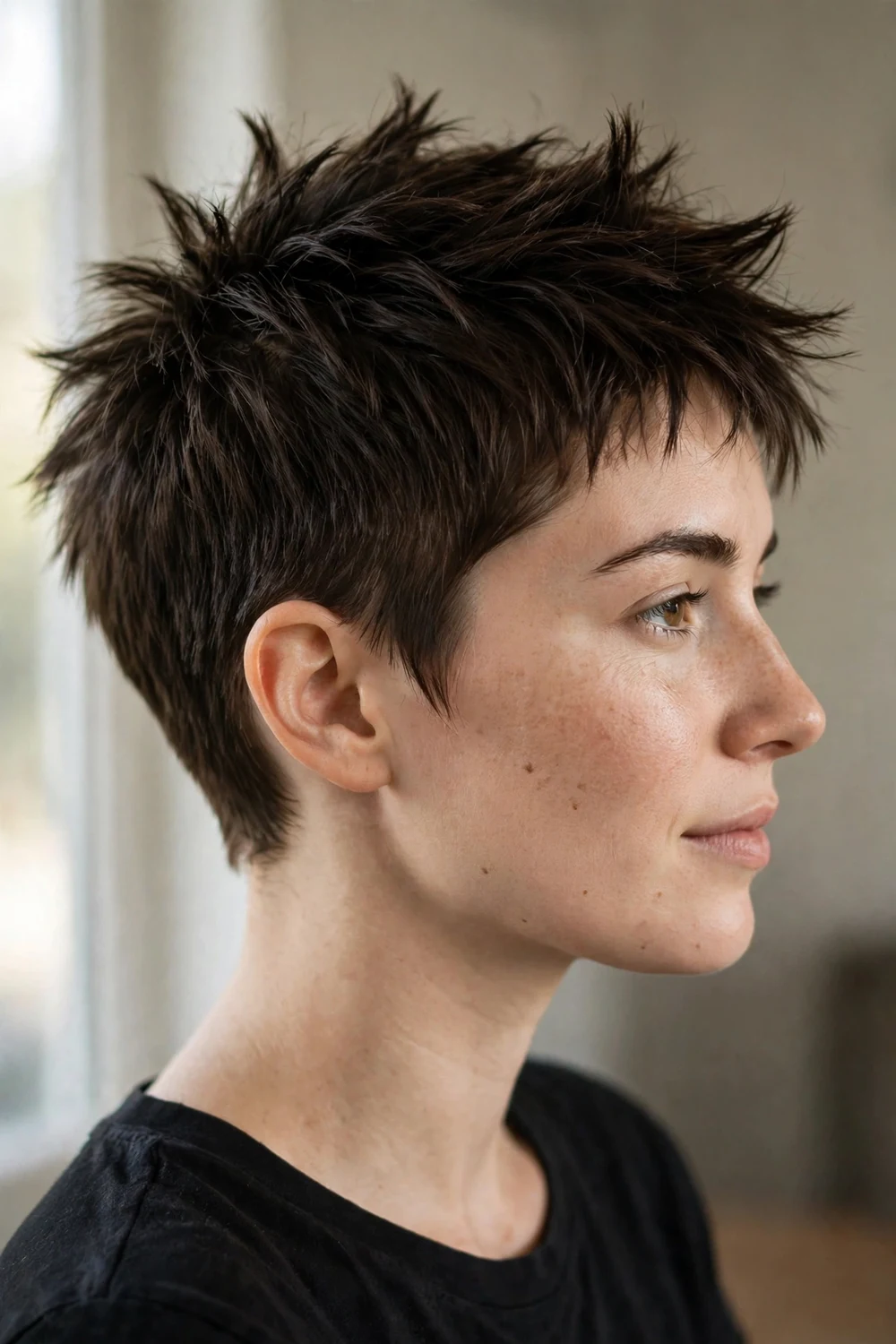 Spiky choppy crop pixie with very short sides and textured spikes on top