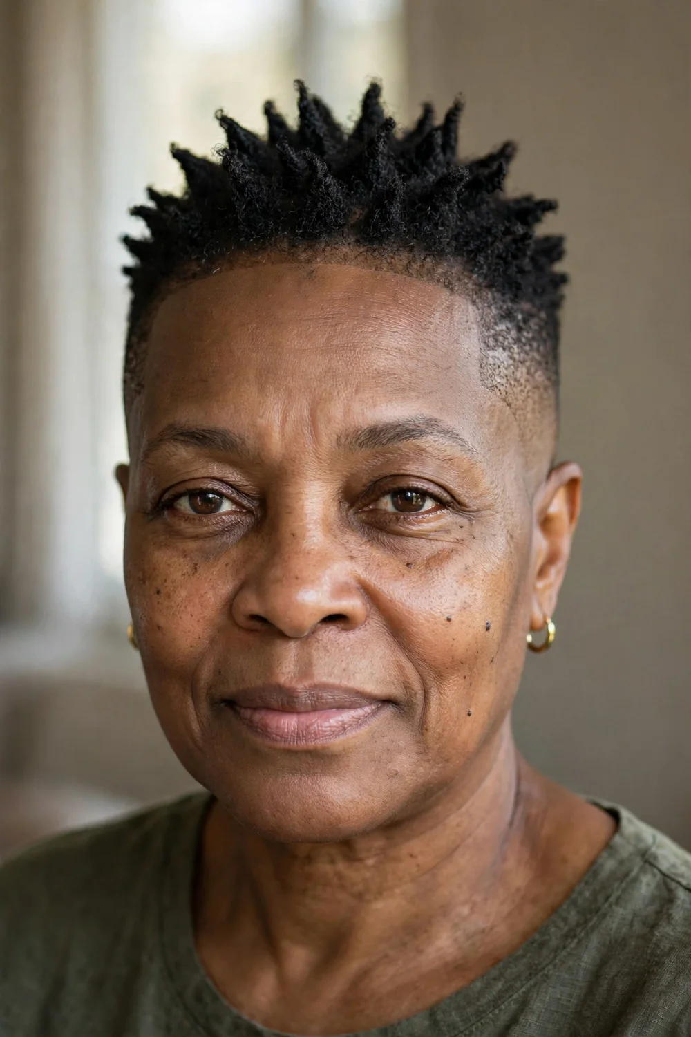 Older Black woman with a spiky tapered crop and tight taper