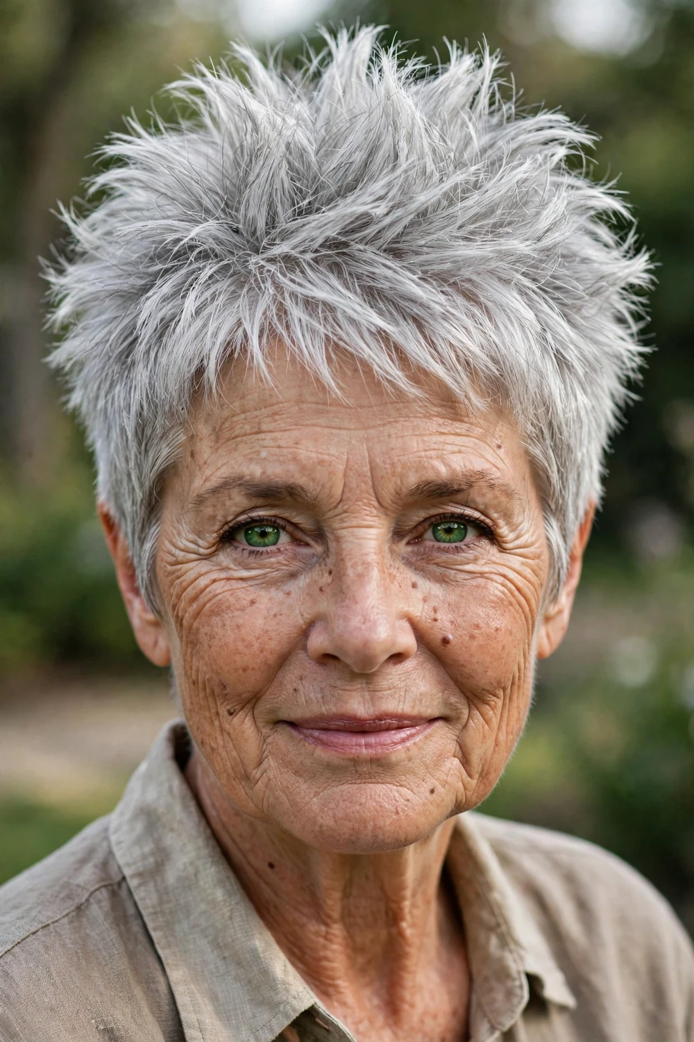 Woman in her 60s with spiky tousled pixie and long textured crown, side view