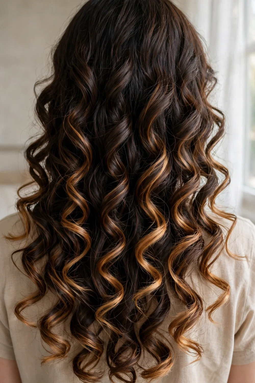 Back view of dark brown spiral curls with warm balayage highlights