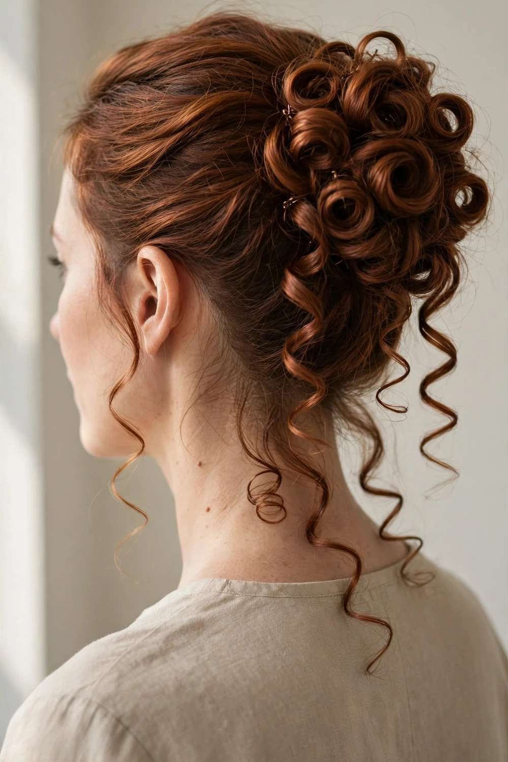 Woman with auburn hair in a textured updo bun with spiral curls and pinned tendrils, back view