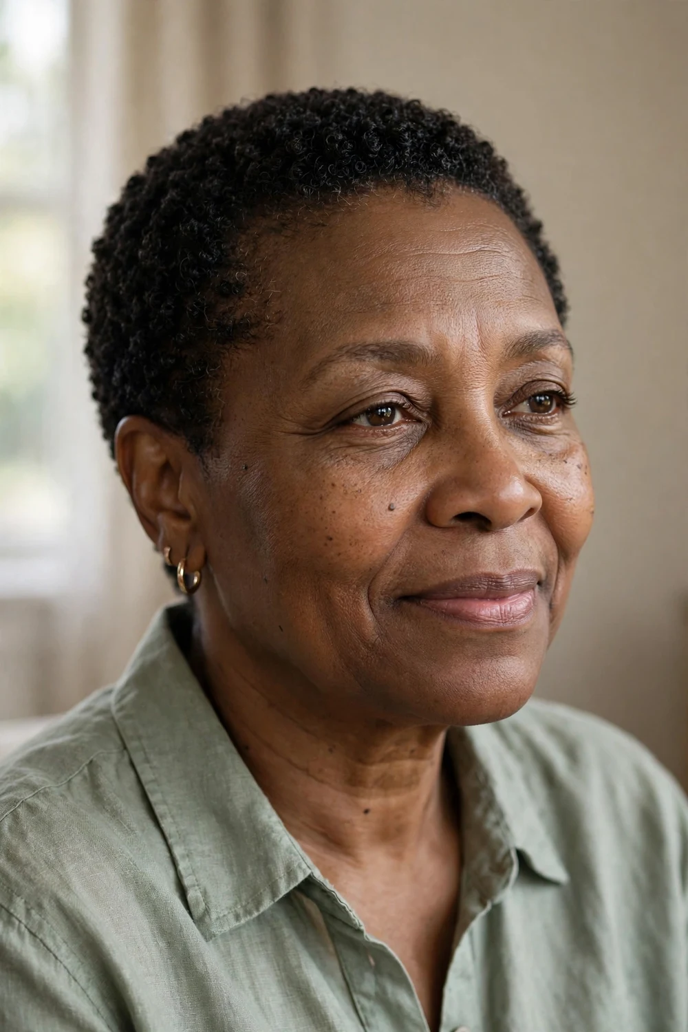 Older Black woman with short sponge-defined curls
