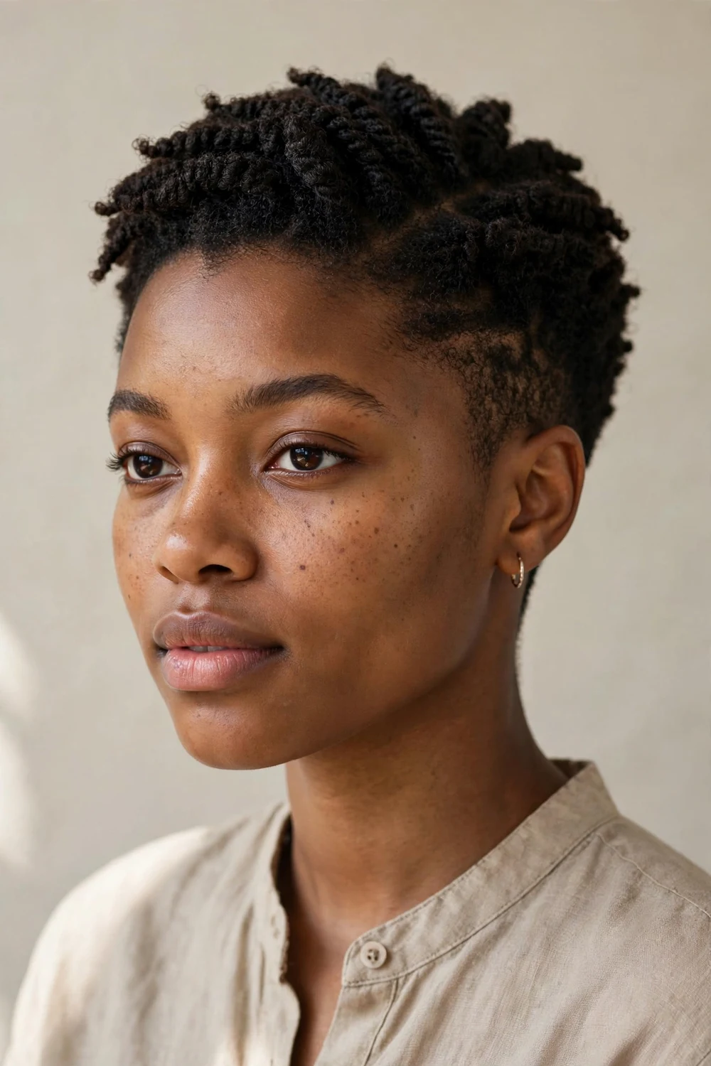 Young Black woman with sponge-twisted coils on a low tapered cut