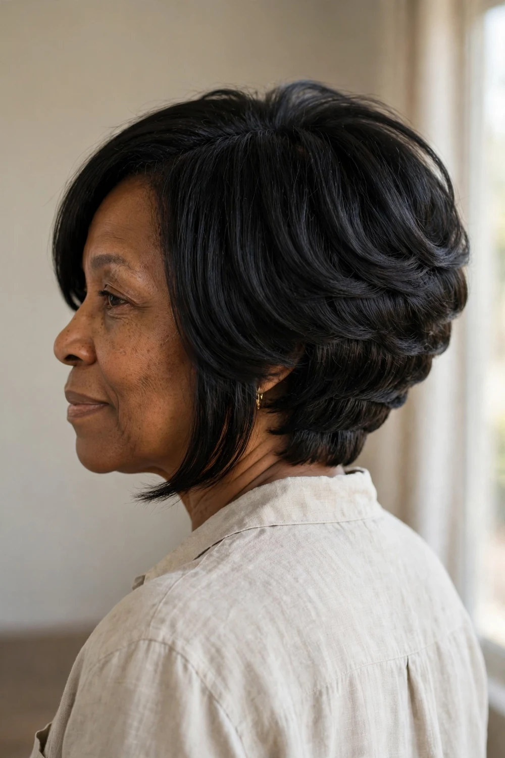 Stacked A-line bob with graduated layers at the nape