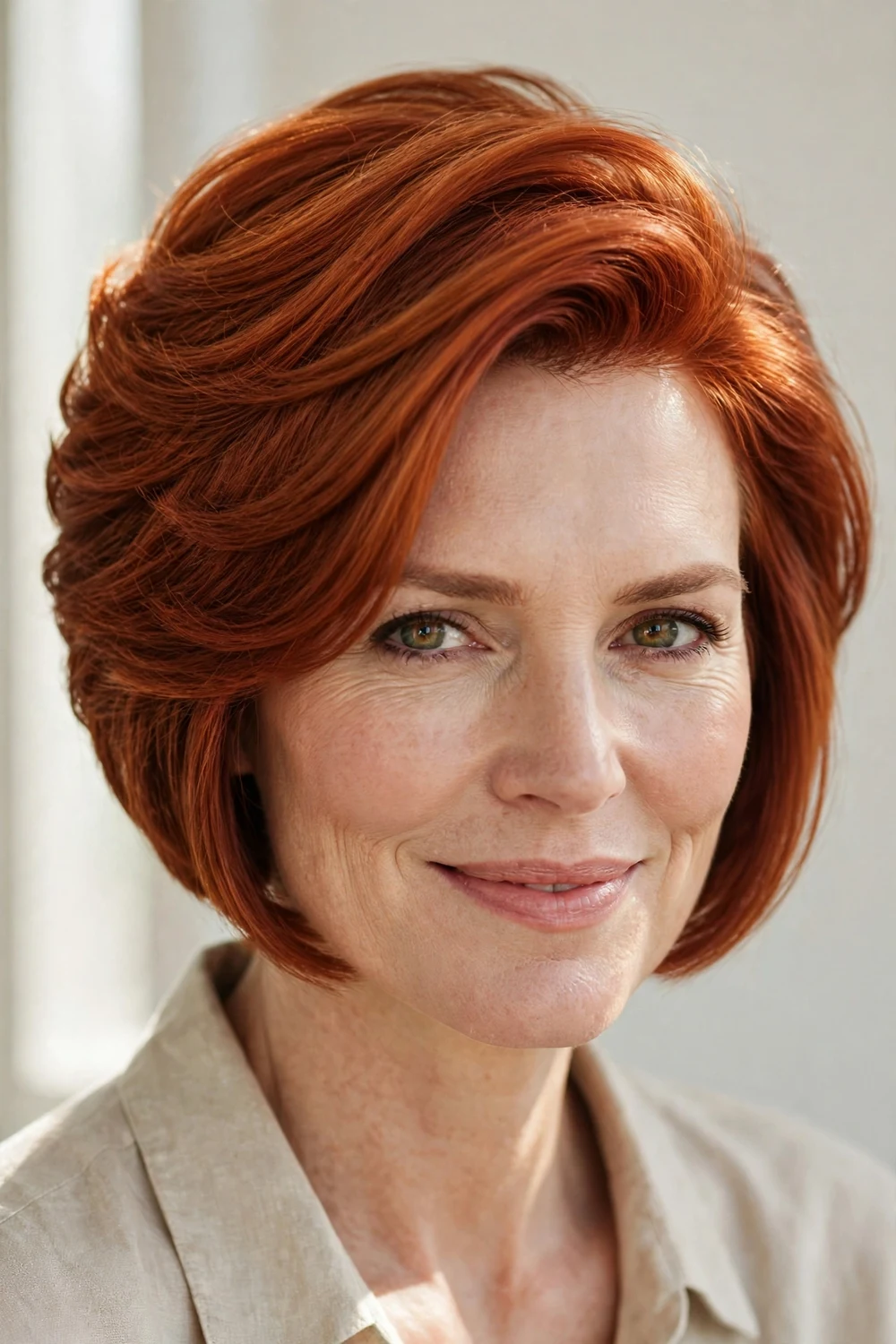 Angled bob with stacked layers at the nape creating volume at the back