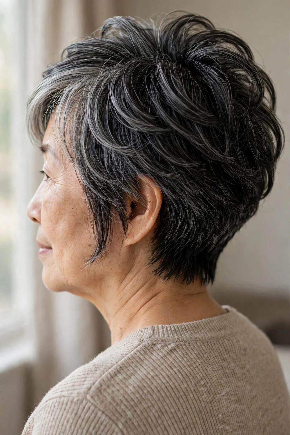 Woman over 60 with stacked bixie haircut blending bob and pixie