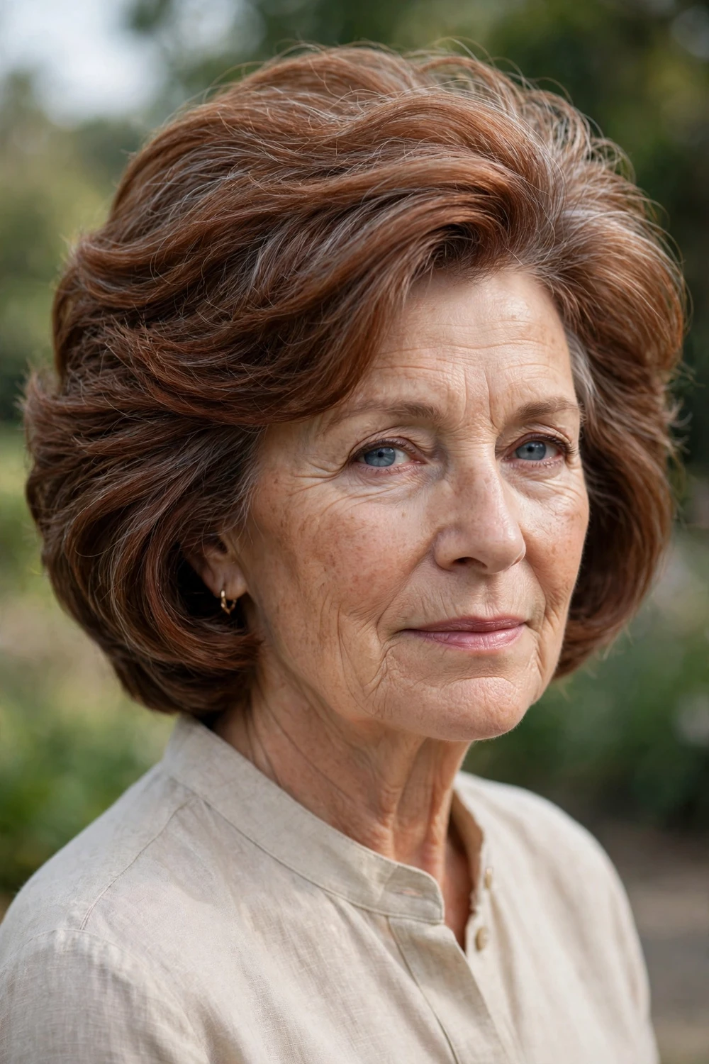 Woman in her 60s with stacked bob and angled layers, back side view