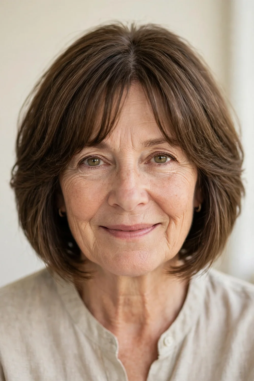 Stacked bob haircut with soft curtain bangs