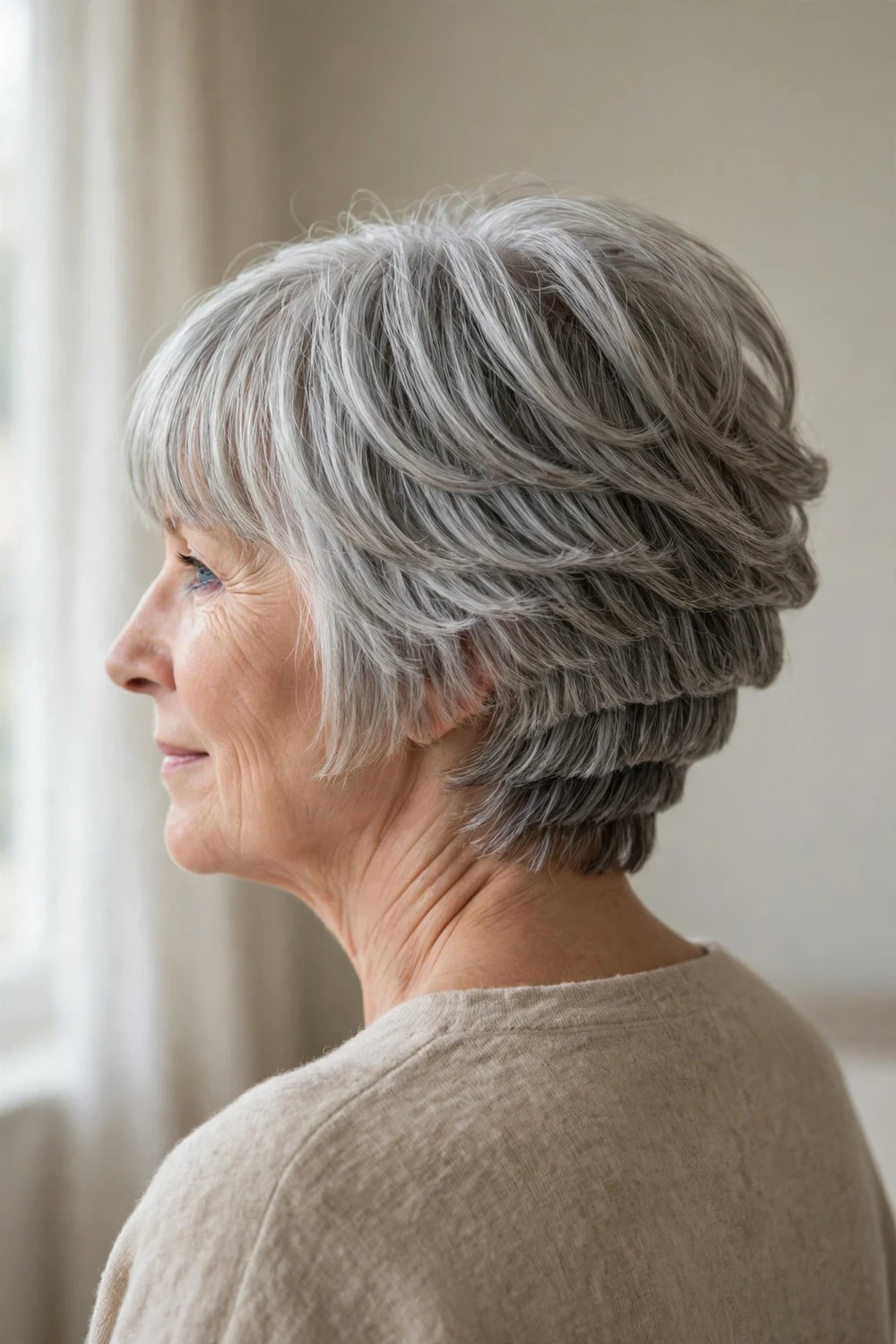 Stacked bob with full bangs on thin hair