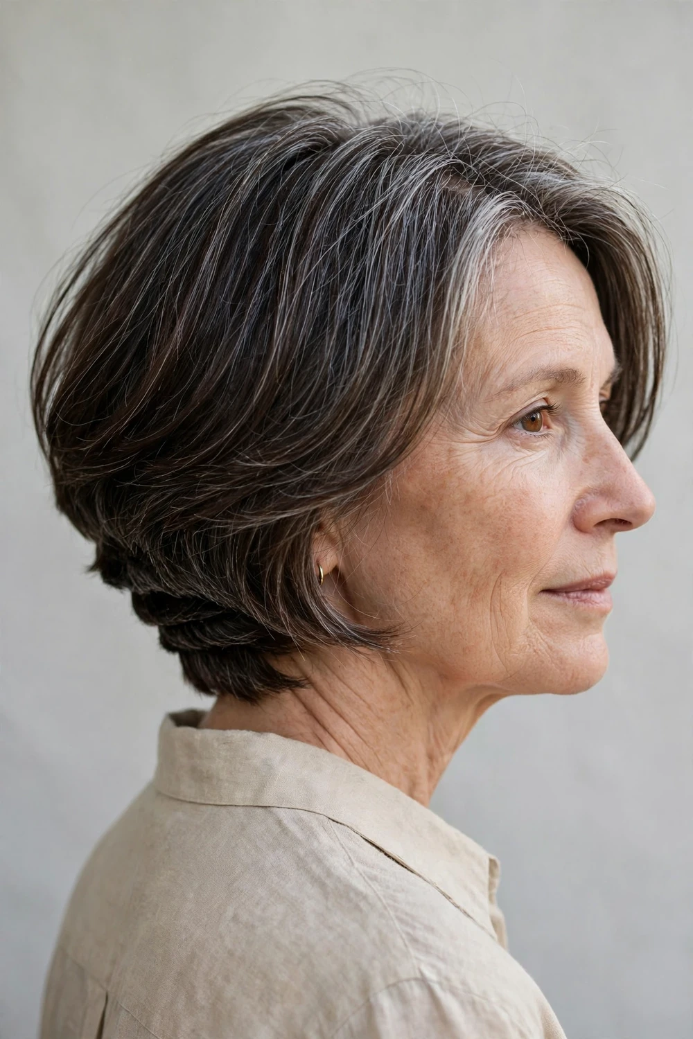 Woman over 50 with a stacked bob haircut featuring graduated layers that add volume to thin hair