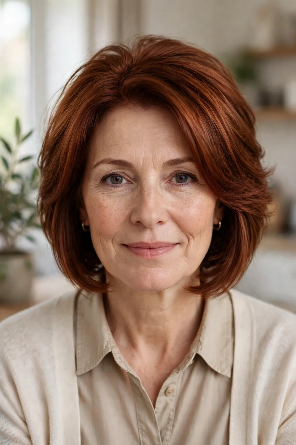 Woman with an oval face wearing a stacked bob with lifted back layers
