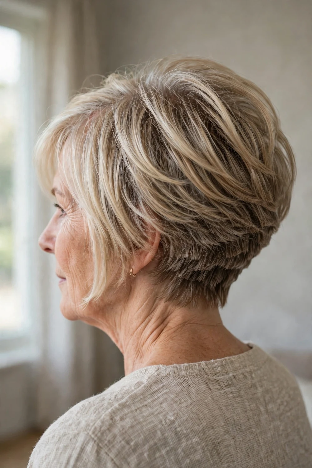 Woman over 50 with a stacked bob haircut