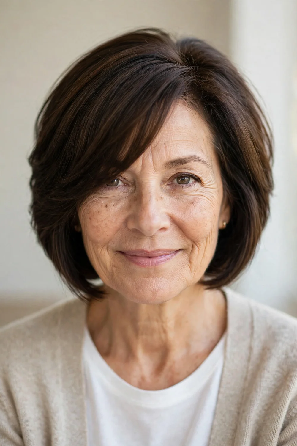 Stacked bob haircut with side-swept bangs
