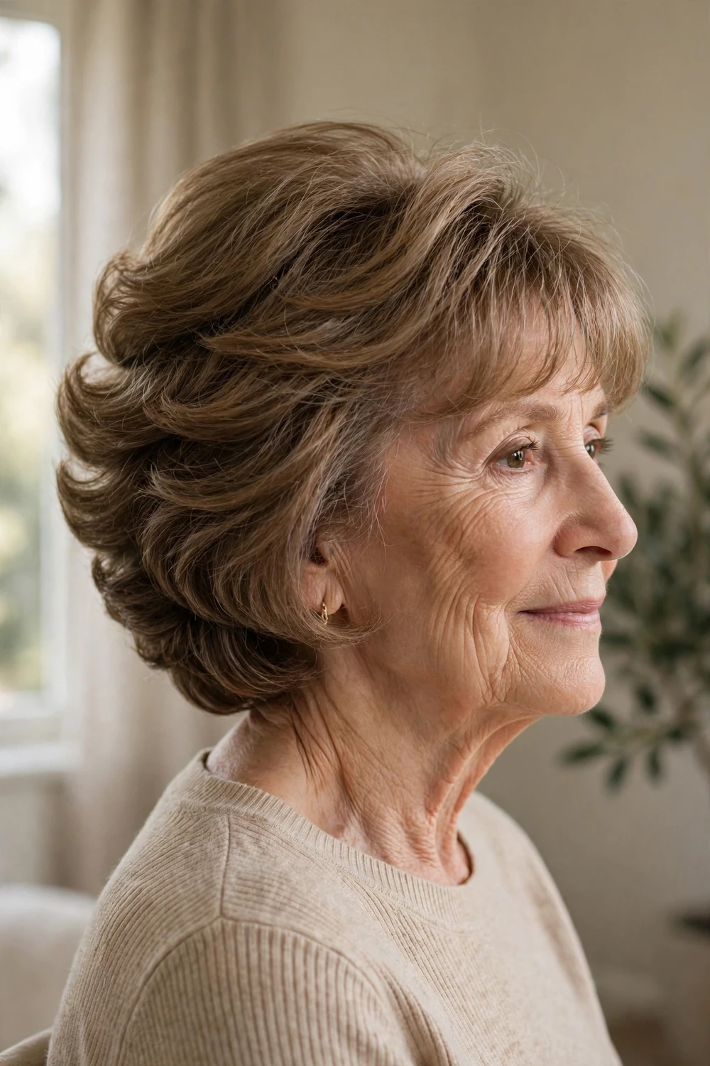 Stacked bob with wispy bangs and back fullness on a woman over 60