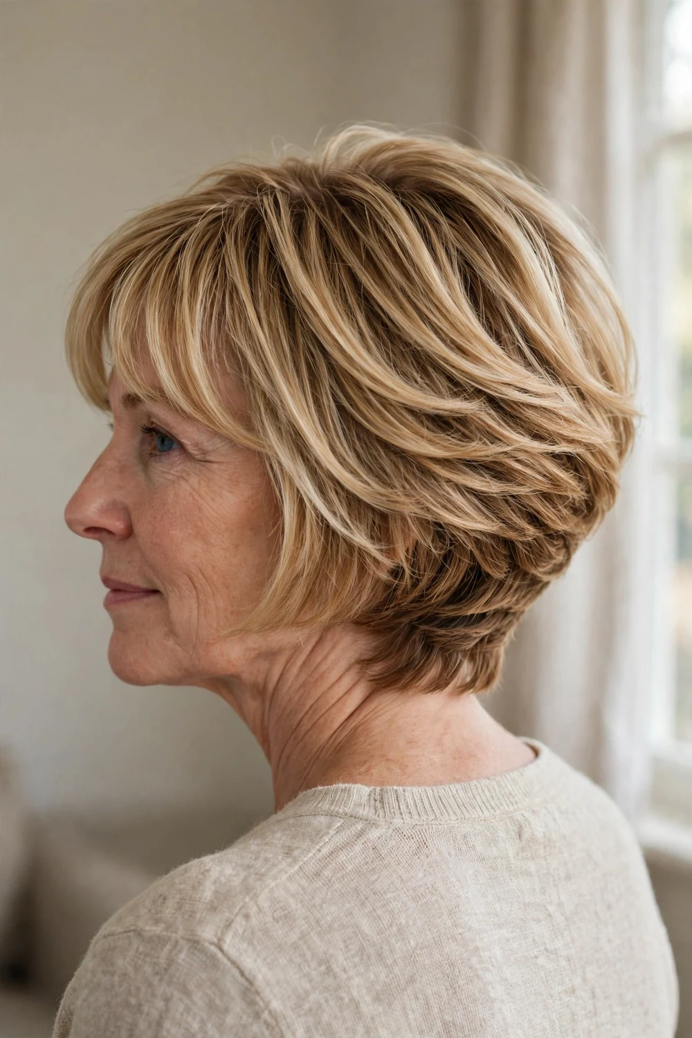 Woman with stacked bottleneck bob and graduated back