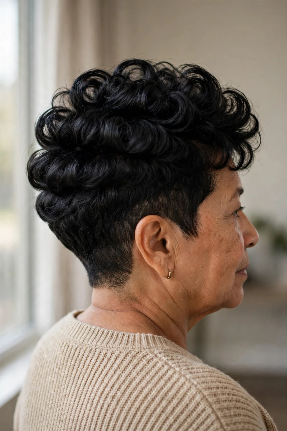 Woman over 50 with a stacked curly crown pixie, extra volume on the crown