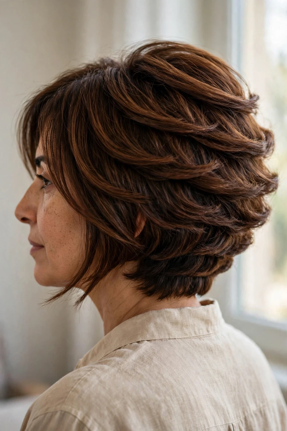 Stacked bob with graduated layers building volume at back