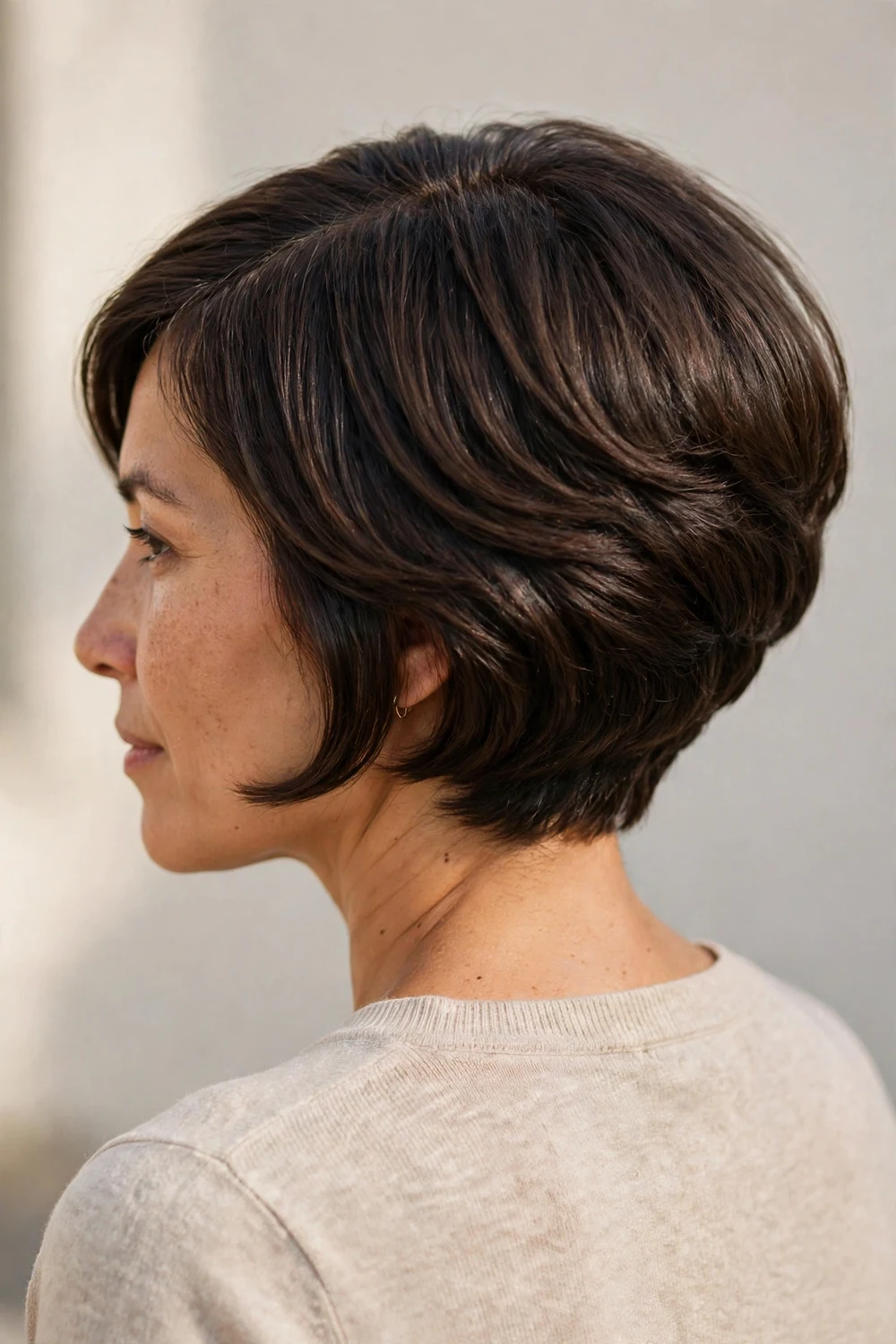 Woman with a stacked layered bob, graduated layers at the back