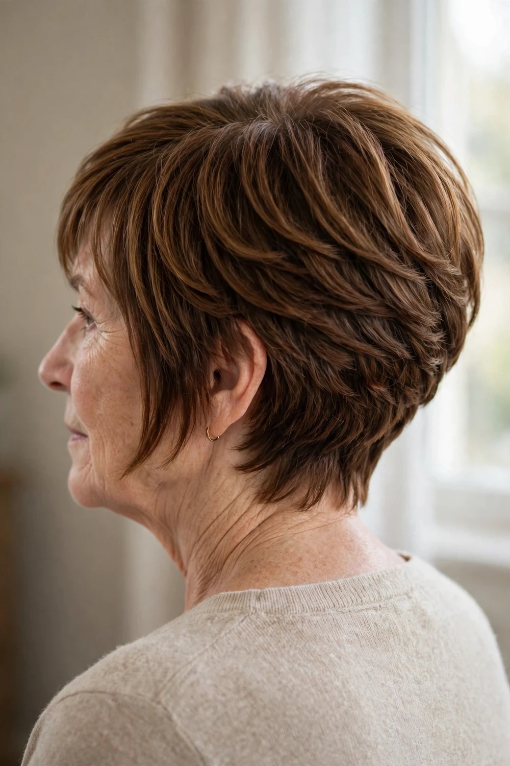 Back three-quarter view of a stacked pixie bob on a woman over 50 with thin chestnut hair