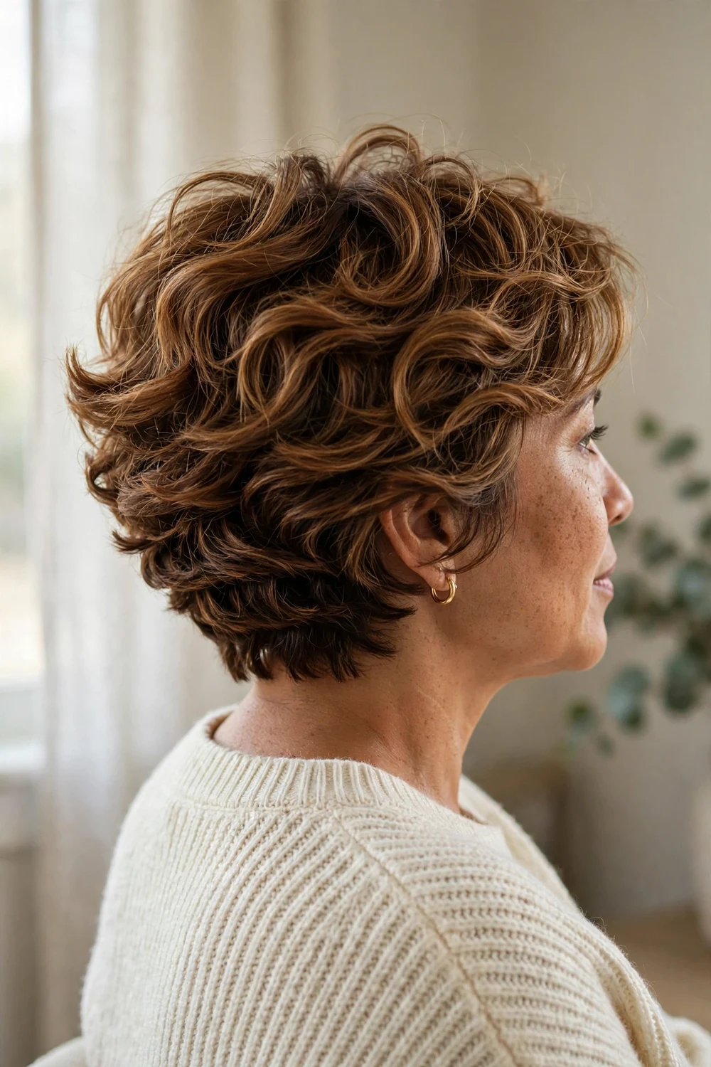 Stacked scrunched wavy bob with tousled texture on caramel brown hair, back three-quarter view