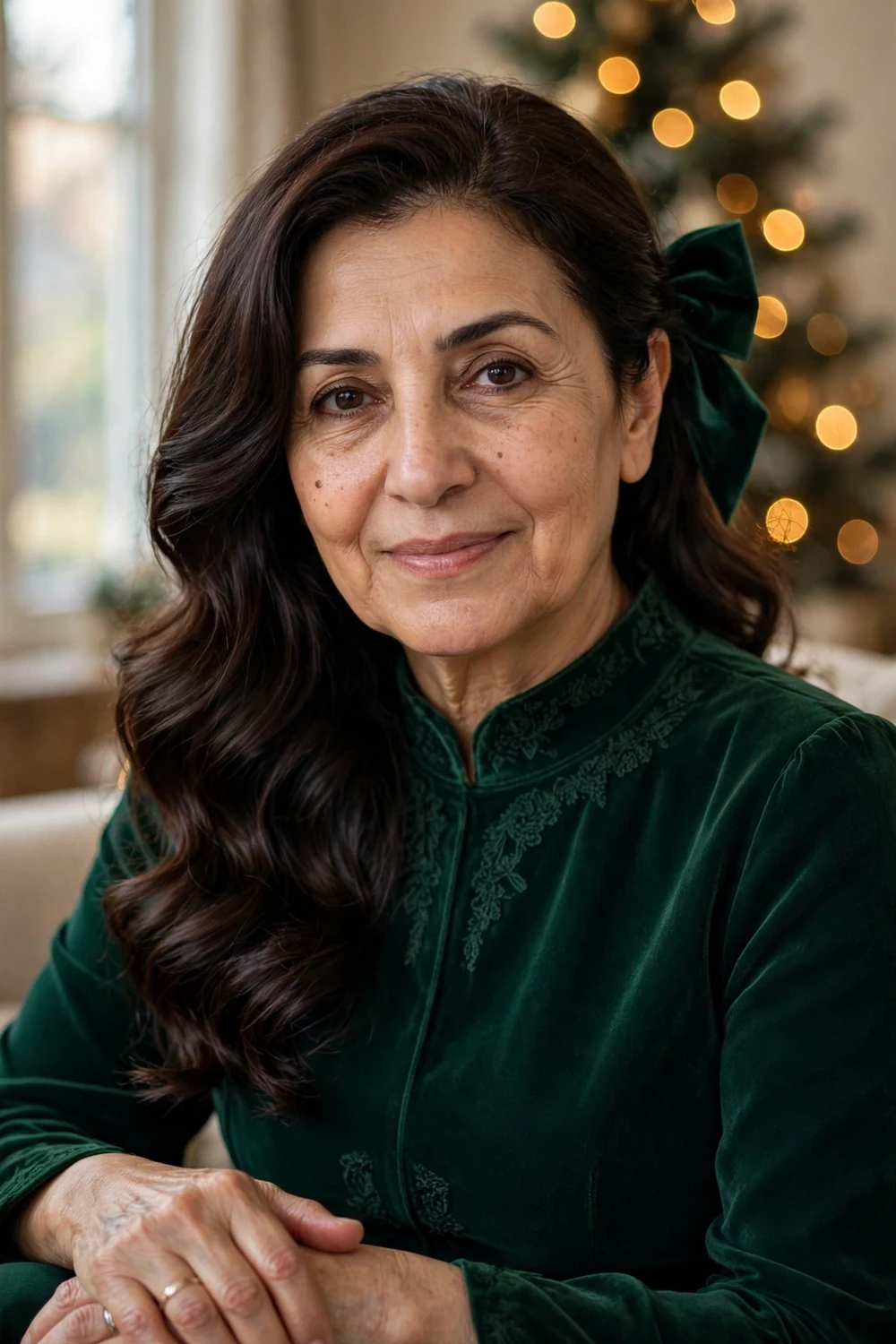 Woman with side-part waves and statement bow tucked behind one ear
