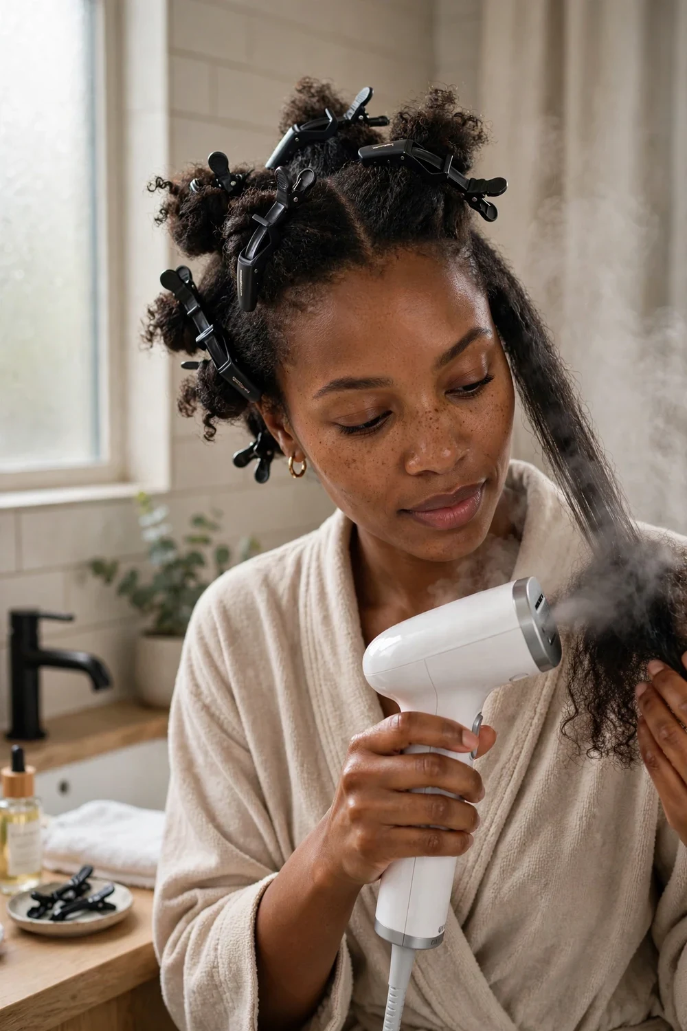 Black woman with natural curly hair under a handheld steamer during a moisture treatment