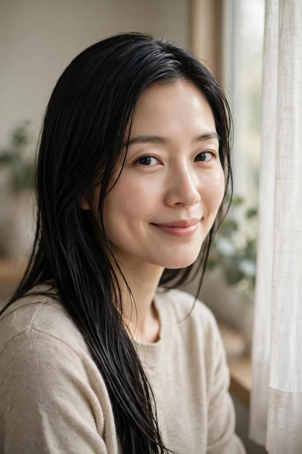 East Asian woman with smooth moisturized straight hair showing healthy steam treatment results