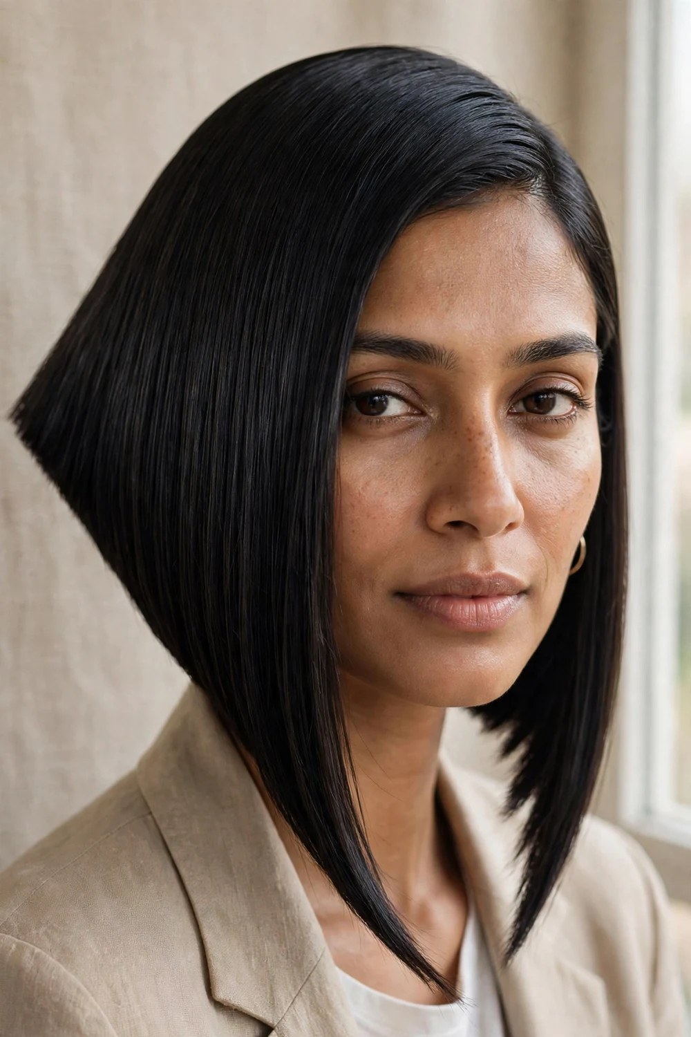 Steeply angled bob with dramatic forward slope and longer front pieces