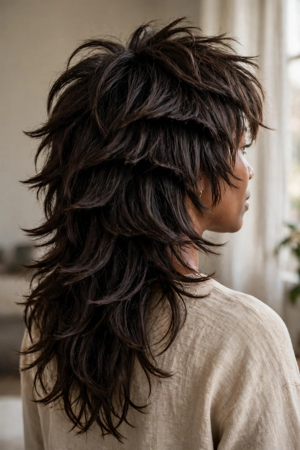 Wolf cut with step layers creating dramatic movement on long dark brown hair