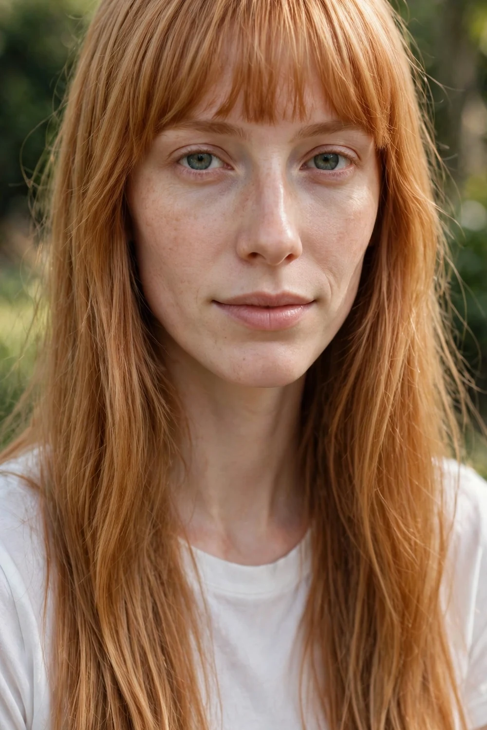 Woman with a long oval face wearing long hair with a straight-across full fringe below the eyebrows
