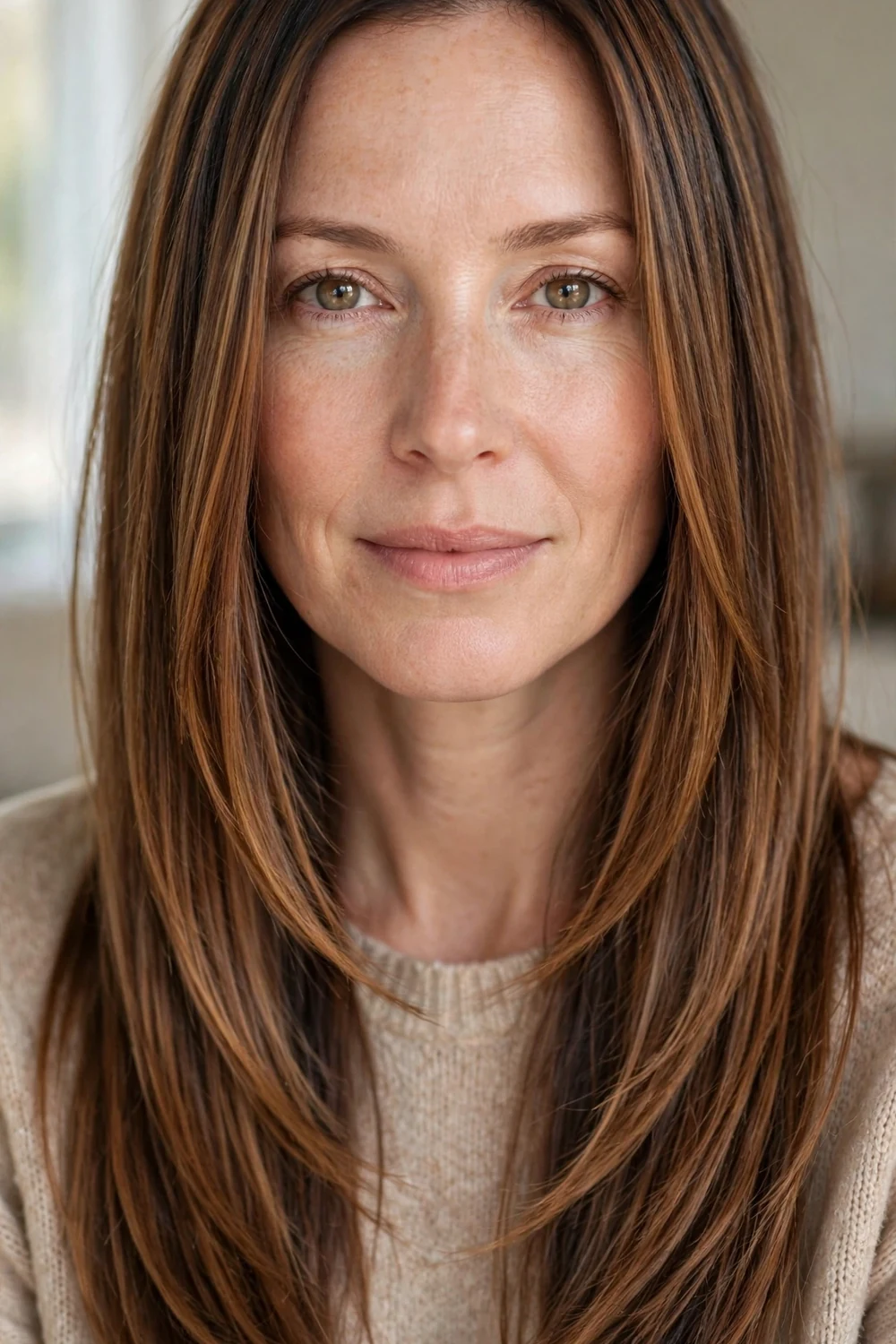 Straight sleek layered hair in cinnamon brown with darker roots