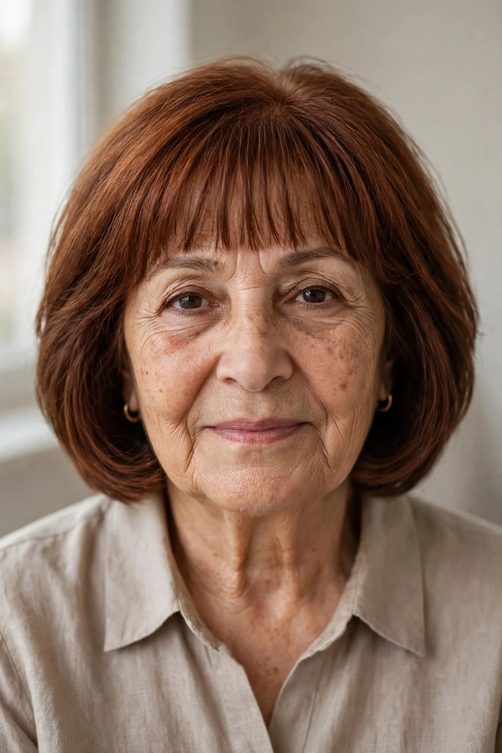 Layered bob with a straight-across fringe for women over 60