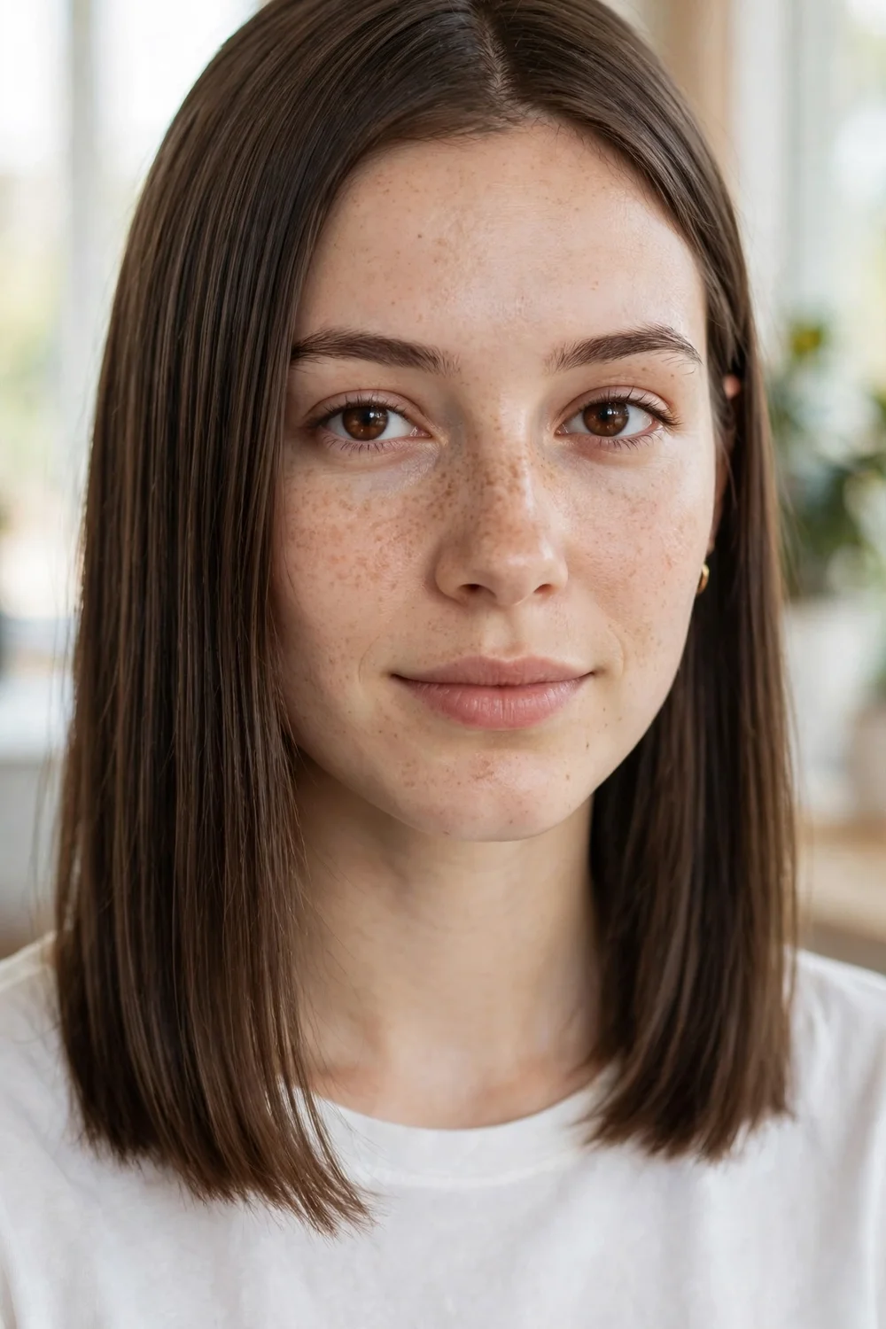 Woman with a straight lob haircut with blunt ends on thin hair