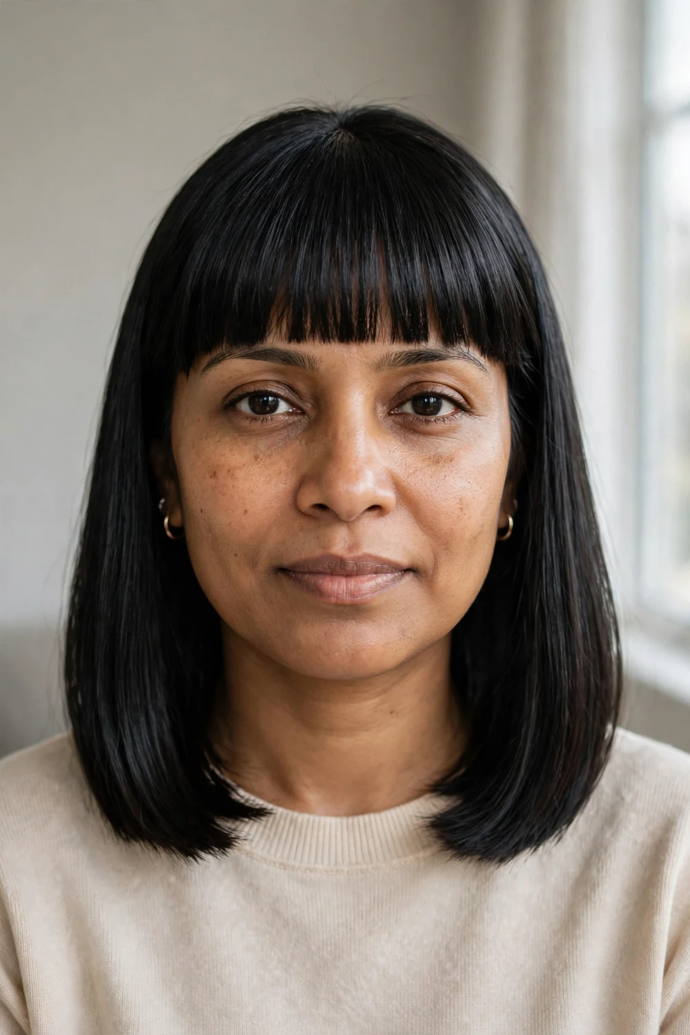 Sleek straight lob with blunt fringe on thin hair
