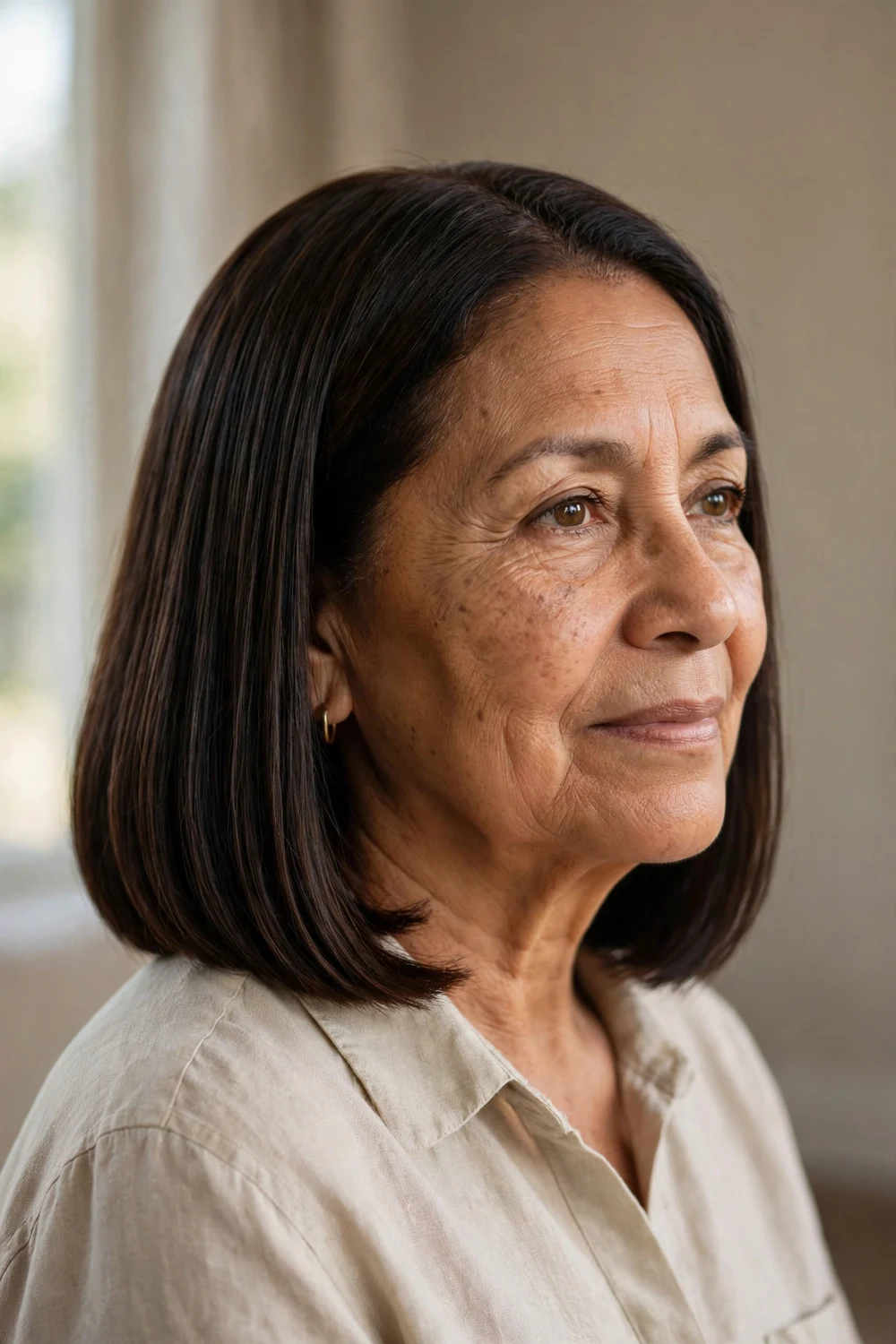Woman over 60 with sleek straight shoulder-length lob