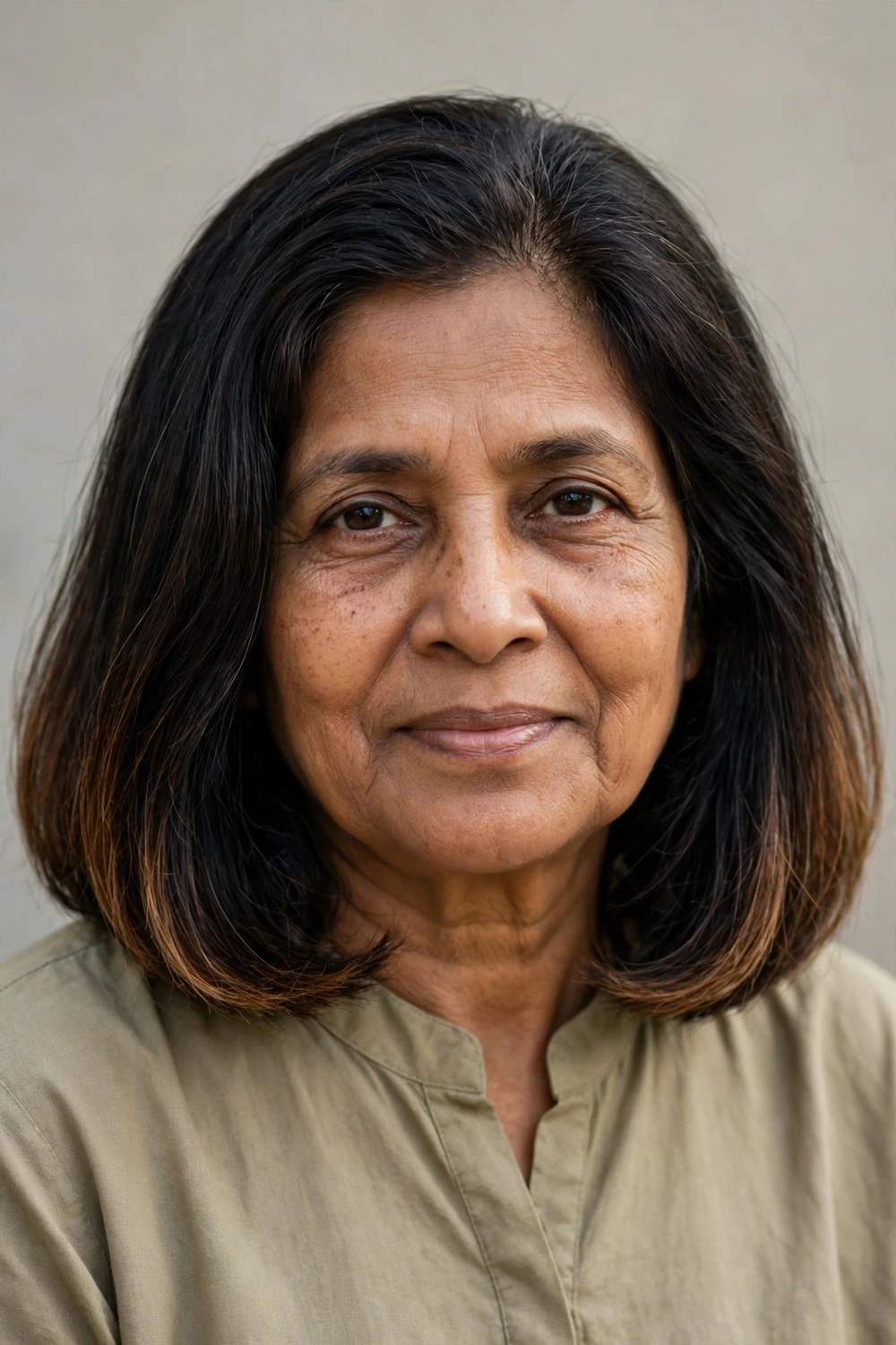 Woman in her 60s with straight shoulder-length bob, razored ends and deep side part, side view